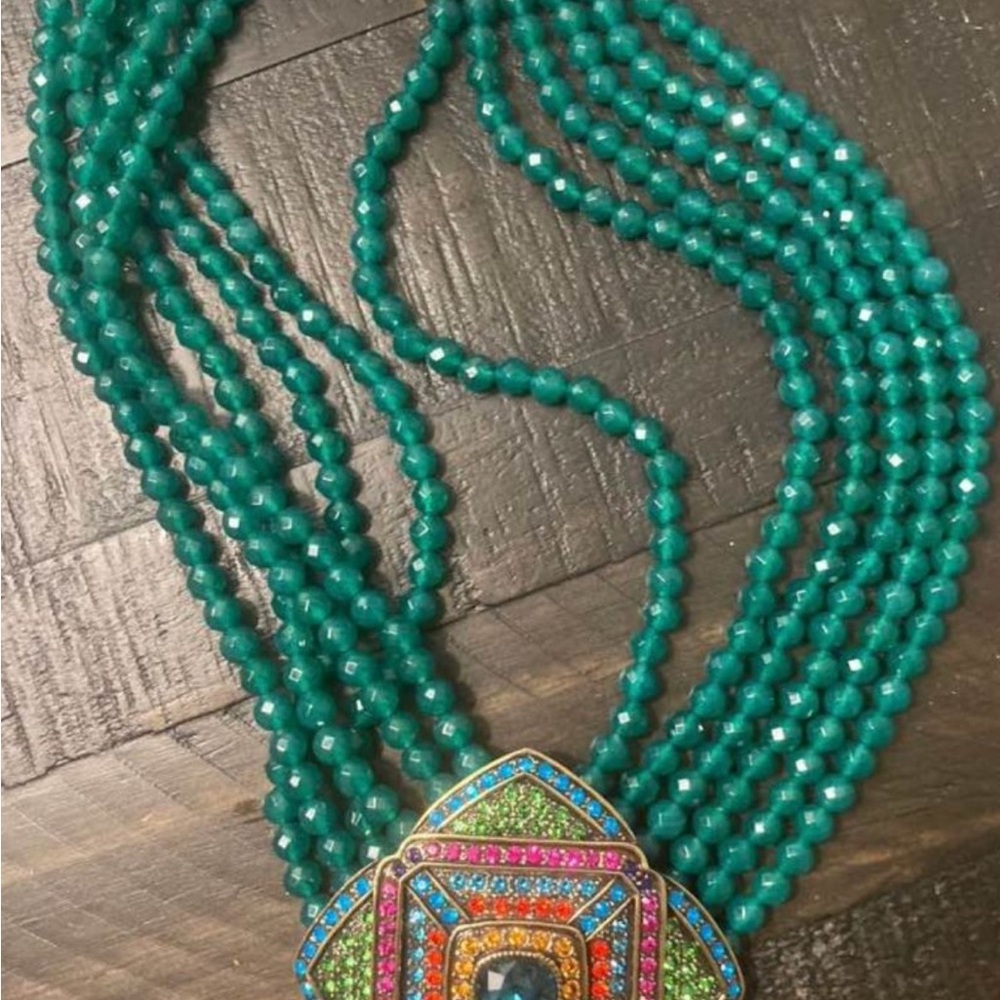 Green and Pink Multi-Strand Necklace with Geometric Pendant
